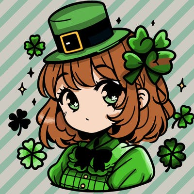 a manga-style girl with clovers around her, a little hat in her hair, like it's saint patrick's day