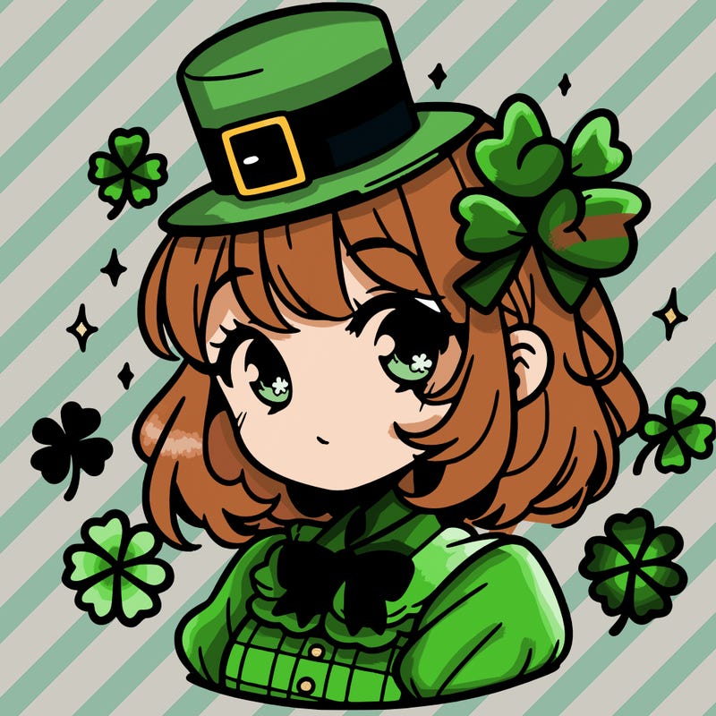 a manga-style girl with clovers around her, a little hat in her hair, like it's saint patrick's day
