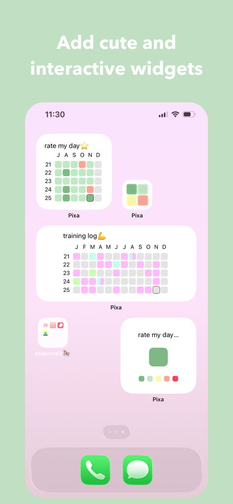 Pixa - My Year in Pixels - iPhone home screen showing aesthetic pastel widgets for tracking mood and training progress in the Pixa app.