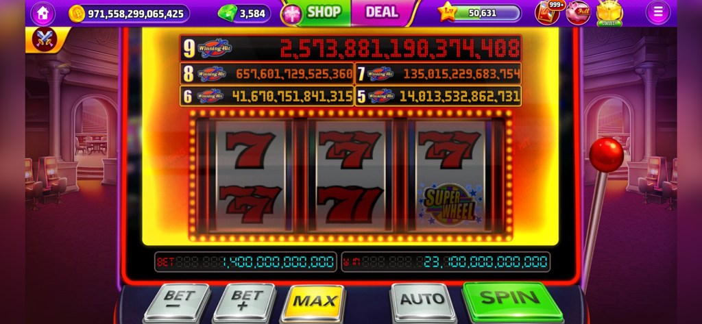 Bravo Classic Slots:777 Slots - Gameplay screenshot of Bravo Classic Slots showing a virtual slot machine with red 7s and a massive coin jackpot counter