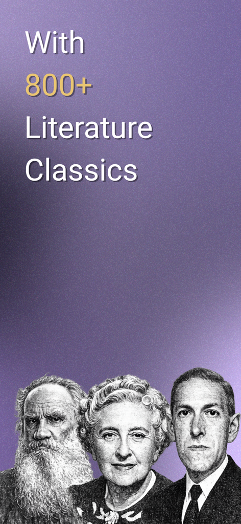 Fabl – Immersive Reading - Promotional graphic for Fabl app showing over 800 literature classics with portraits of famous authors like Tolstoy and Agatha Christie.