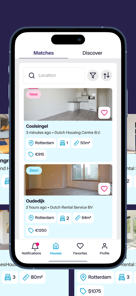 Rentbird app showing a list of available rental apartments with prices and locations