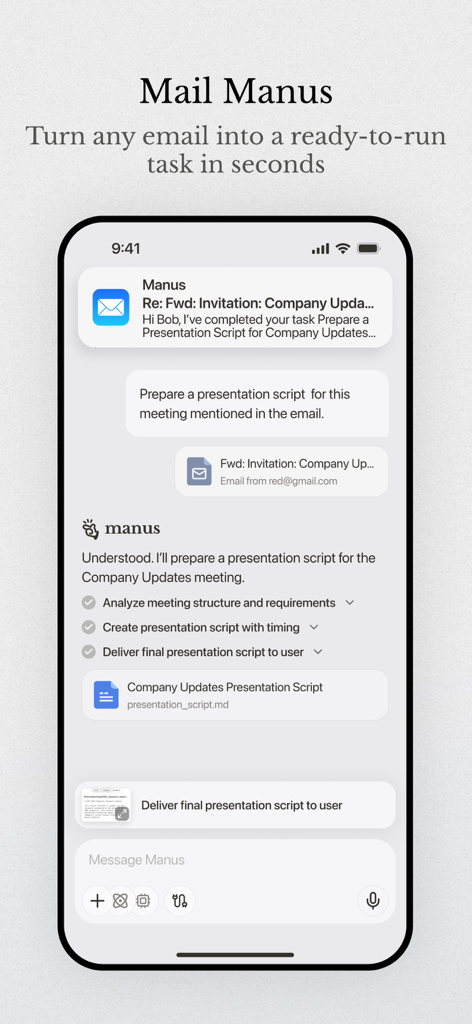 Manus AI mobile interface showing how the agent turns an email into an automated task for creating a presentation script.