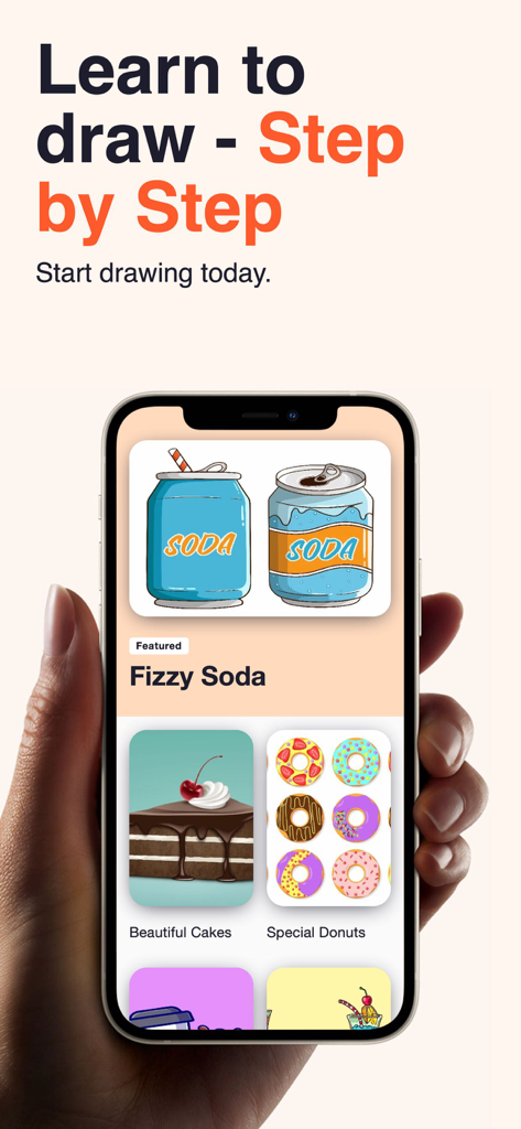 Food Drawing Step By Step - Pantalla de iPhone mostrando tutoriales de dibujo de comida para pasteles, donas y refrescos burbujeantes