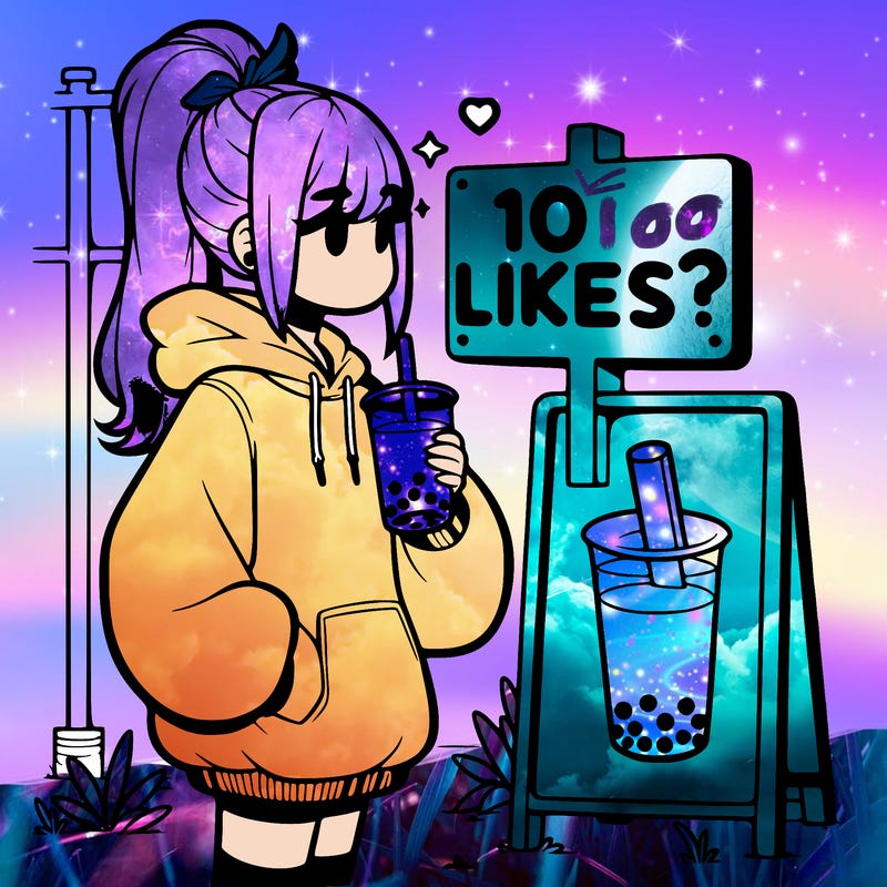 girl with oversized hoodie drinking boba and she has a high ponytail with a sign that says 10likes?
