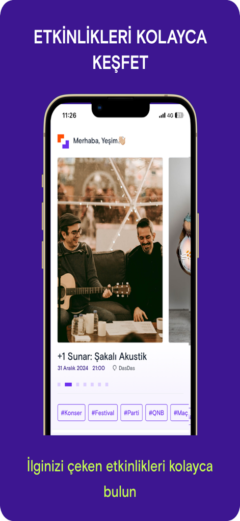 Mobilet - Mobilet app interface showing a personalized event discovery feed with a concert listing and category tags.