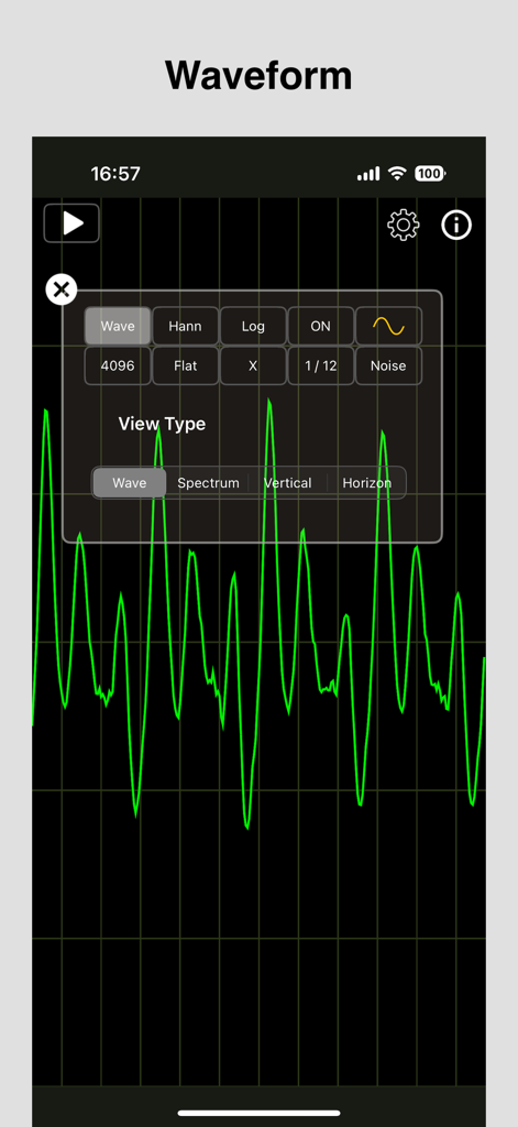 Real-time green audio waveform displayed on a black grid in the analyzer app