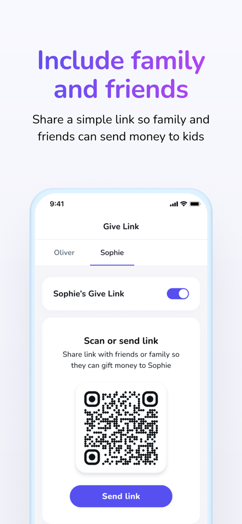 Till: Kids & Teen Banking - Till app screen showing a Give Link feature with a QR code to share with family and friends for sending money to kids