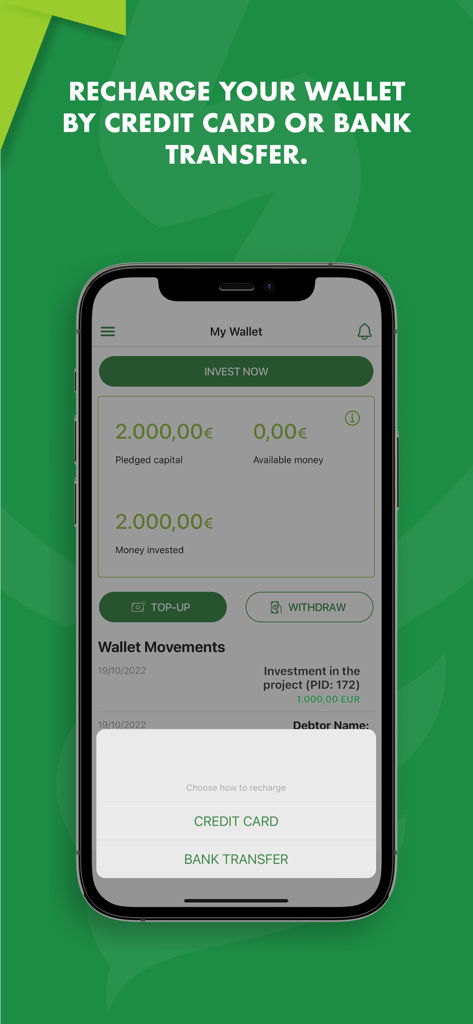 Ener2Crowd - Ener2Crowd mobile app showing wallet top up options using credit card or bank transfer