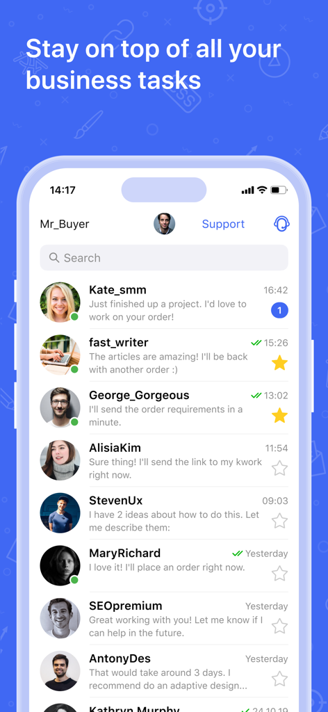 A mobile interface of the Kwork app showing a list of active chat conversations between a buyer and multiple freelancers for various business tasks.