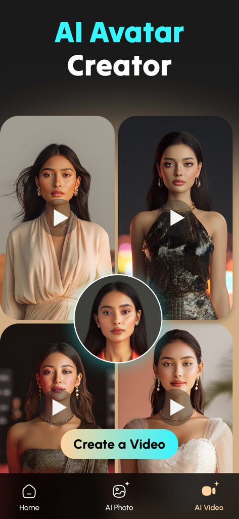 Interface of the EVO AI app showing multiple AI-generated avatar styles from a single portrait.