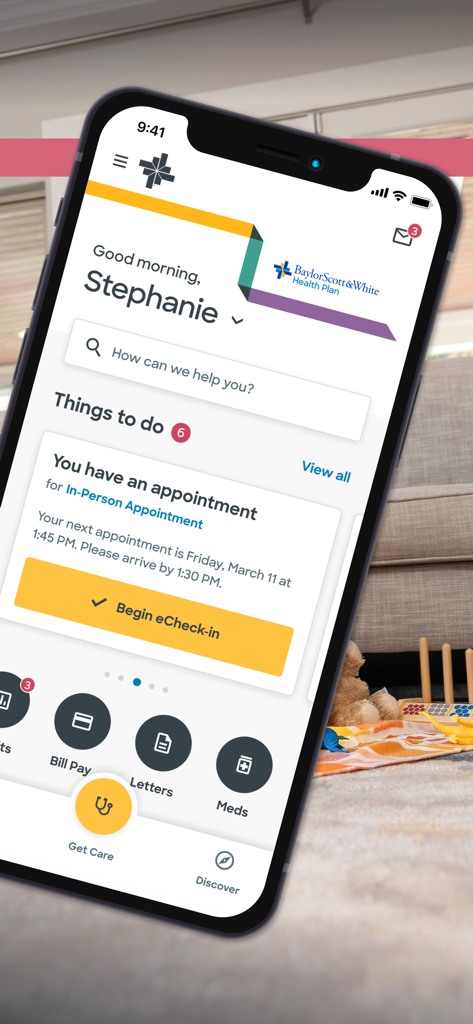 MyBSWHealth - The home screen of the MyBSWHealth app showing a personalized dashboard with an upcoming medical appointment and eCheck-in button.