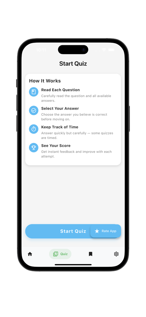 Civil Engineering Tutorials - Pantalla de instrucciones del cuestionario para la aplicación móvil Tutoriales de Ingeniería Civil mostrando los pasos para completar una prueba.