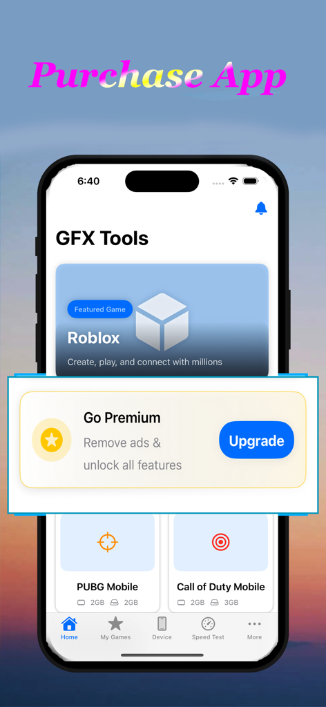 Gfx Tool for PUBG and Games - Interface of the GFX Tool for Games app showing a Go Premium pop up over the home screen with game icons for Roblox and PUBG Mobile