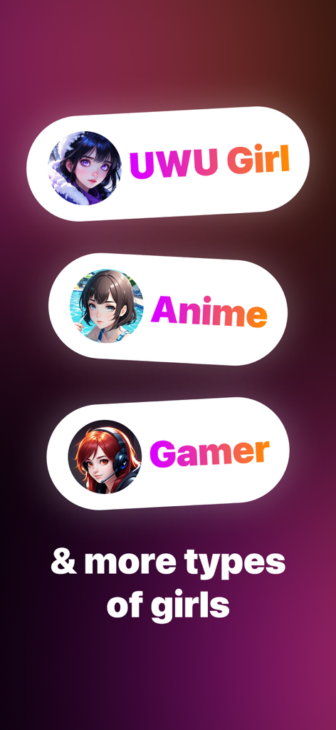 UwUガール、アニメ、ゲーマータイプを含むAIガールフレンドキャラクターの選択