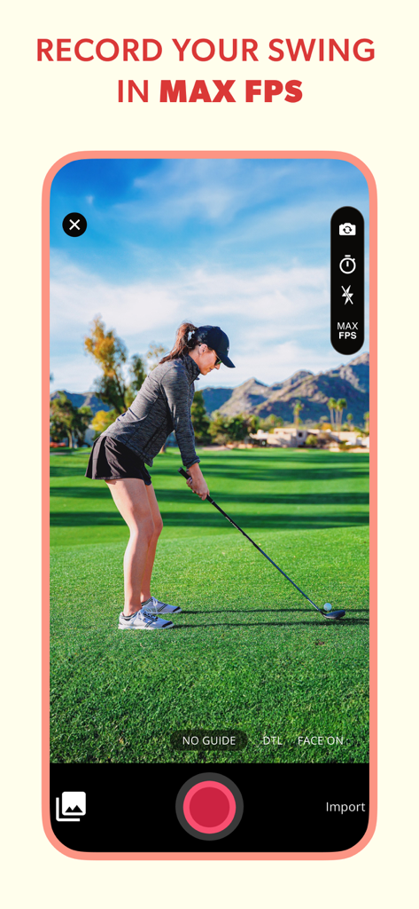 Uma golfista se preparando para fazer um swing em um green dentro da interface de captura do aplicativo móvel V1 Golf.