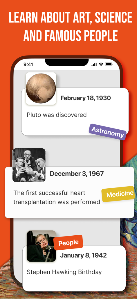Factorium: Daily History Facts - Factorium アプリの画面。天文学、医学、有名な人物に関する毎日の歴史カードが表示されています。