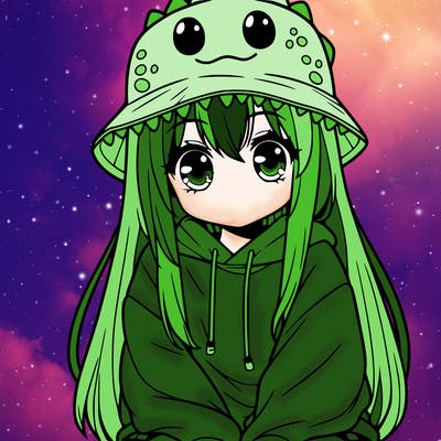 girl with anime shaped eyes with a dinosaur bucket hat oversized sweatshirt long straight hair