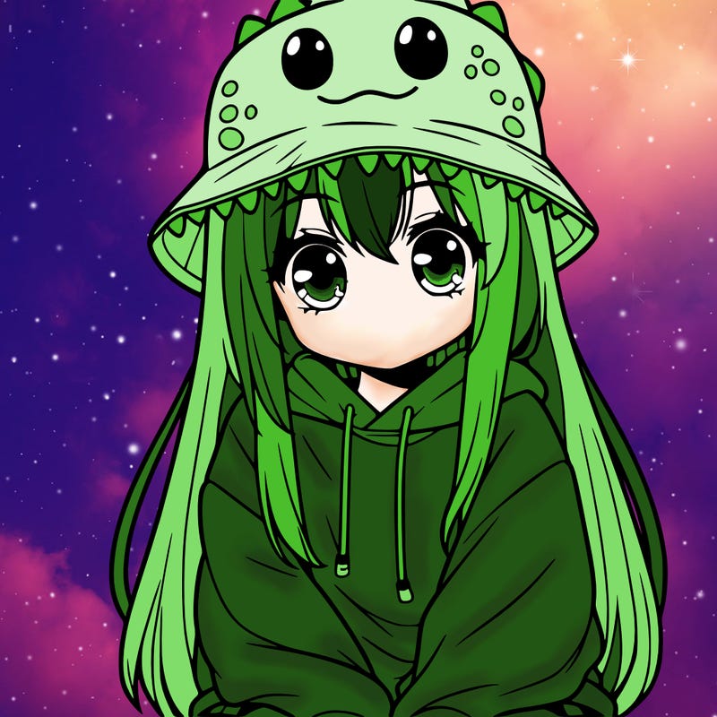 girl with anime shaped eyes with a dinosaur bucket hat oversized sweatshirt long straight hair