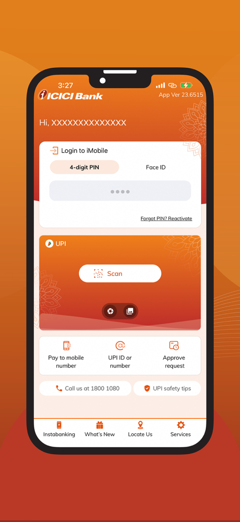 ICICI Bank iMobile app login page featuring PIN login and UPI scan button