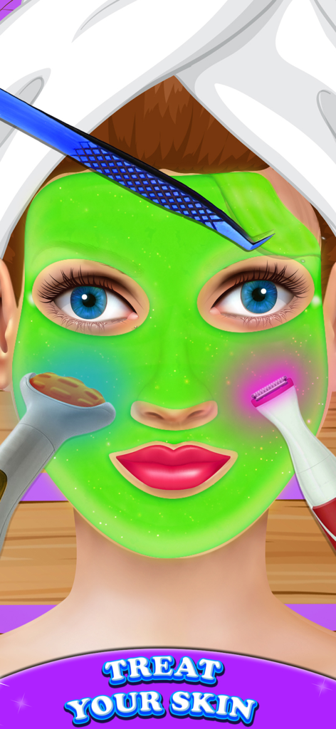 Makeover Makeup ASMR Sim Games - Personaje con una mascarilla facial verde siendo tratado con herramientas de belleza en un juego de simulación de cuidado de la piel
