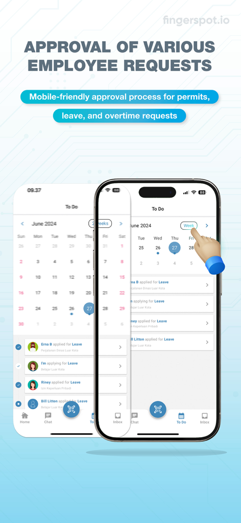 Fingerspot app screen showing the mobile interface for approving employee leave and overtime requests with a calendar view