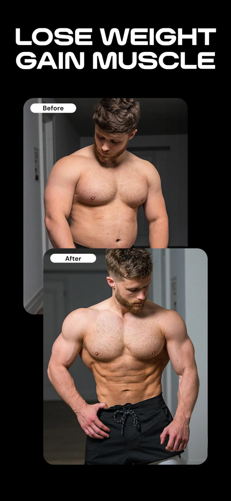 Before and after body transformation photos showing weight loss and muscle gain