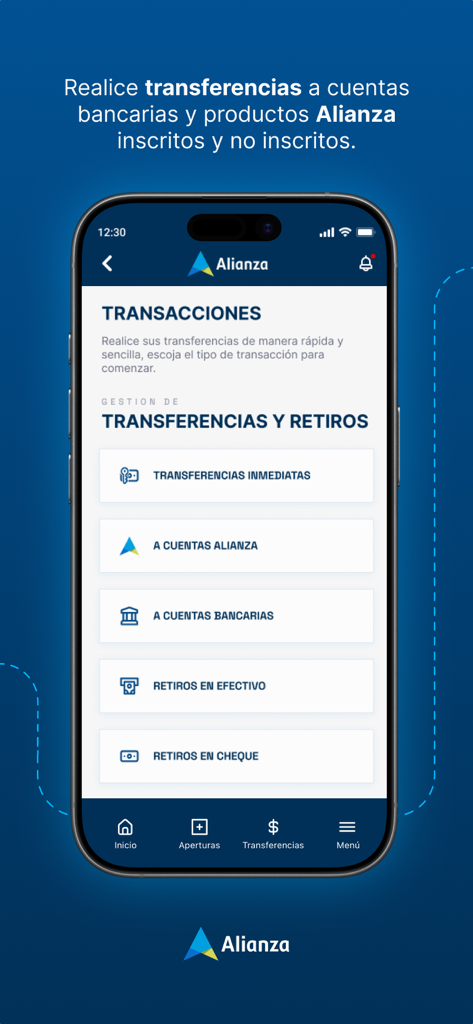 Alianza Móvil - Interfaz de la aplicación Alianza Móvil que muestra las opciones de transferencia bancaria y retiro