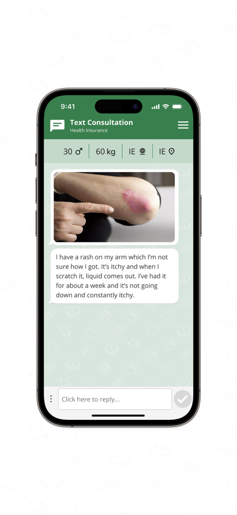 Abi ProApp - Interfaccia Abi ProApp che mostra una consultazione virtuale via testo con foto paziente di eruzione cutanea