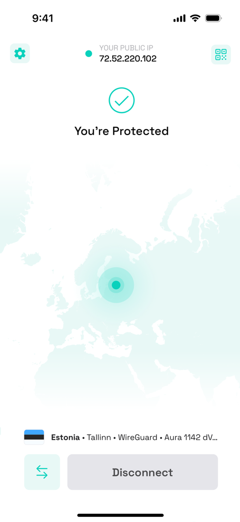 Interface of the DVPN app showing a secure connection status with a message saying You are Protected and server details in Estonia.