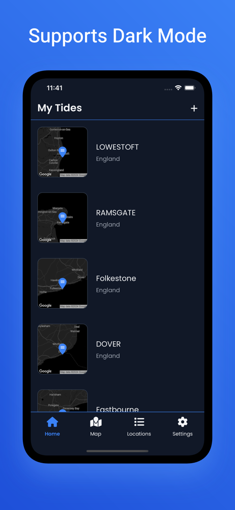 Just Tides: Tide Times - Just Tides app showing saved coastal locations in dark mode