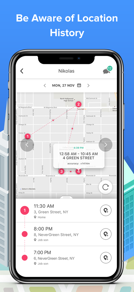 A mobile screen showing the location history feature with a map route and a timeline of visited addresses