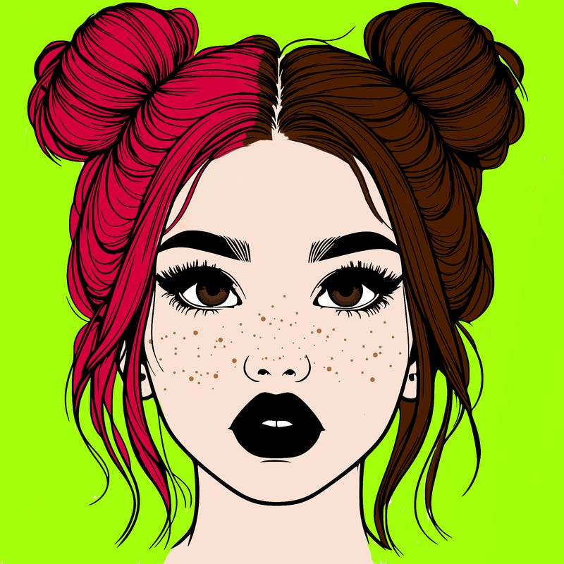 realistic girl with two buns on her hair and lips
