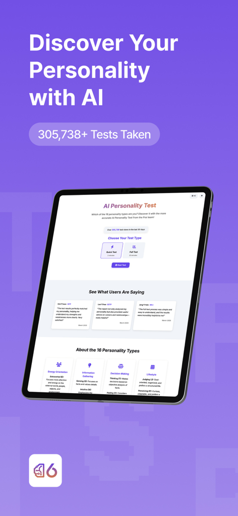 MBTI-Style Test with AI - App interface for an AI-powered MBTI personality test showing different test options and user testimonials