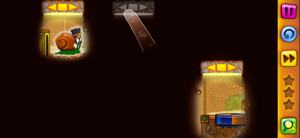 Snail Bob 1: Arcade Adventure - Snail Bob trägt einen Pharaonenhut in einem dunklen, altägyptischen Rätsel-Level mit interaktiven Knöpfen