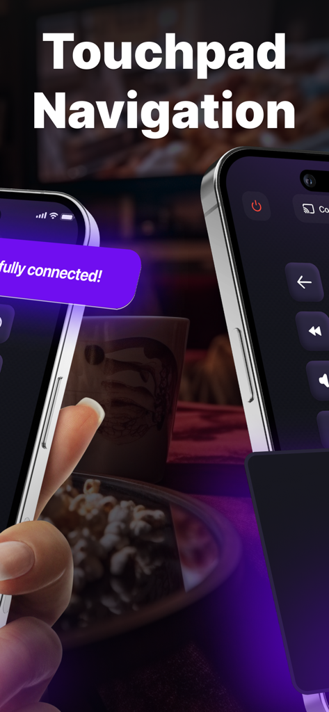 A hand using an iPhone with the TV Remote app showing the touchpad navigation feature.