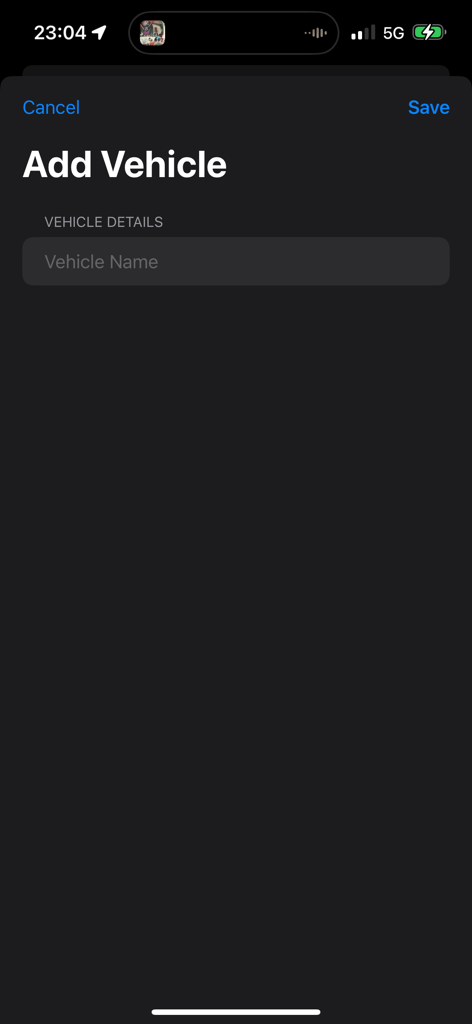Pure Gas - Screen in the Pure Gas app to add a vehicle name for fuel record tracking