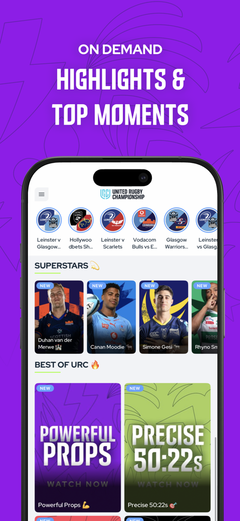 United Rugby Championship app screen showing on demand highlights and superstar player profiles