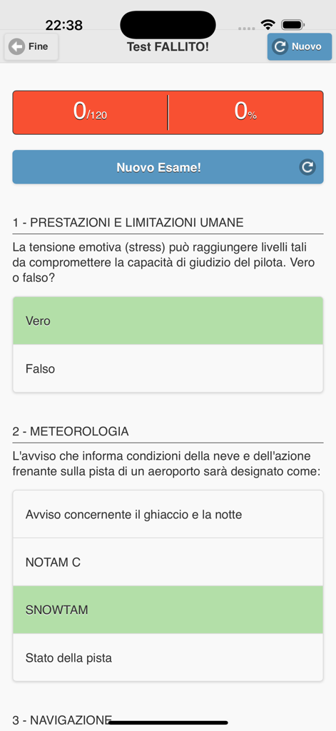 Exam simulation screen of the Quiz PPL(A) Italiano app showing pilot license theory questions.
