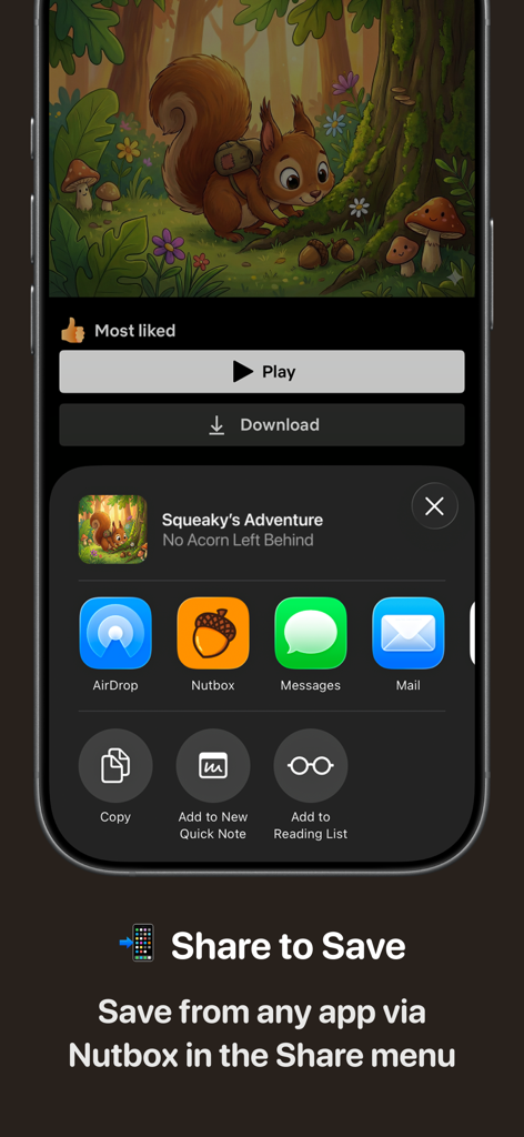 Foglio di condivisione iOS che visualizza l'icona di Nutbox per salvare link e immagini da altre app