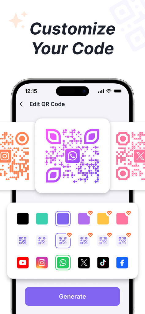 다른 색상과 소셜 미디어 로고로 QR 코드를 사용자 지정하는 옵션을 보여주는 모바일 앱 인터페이스