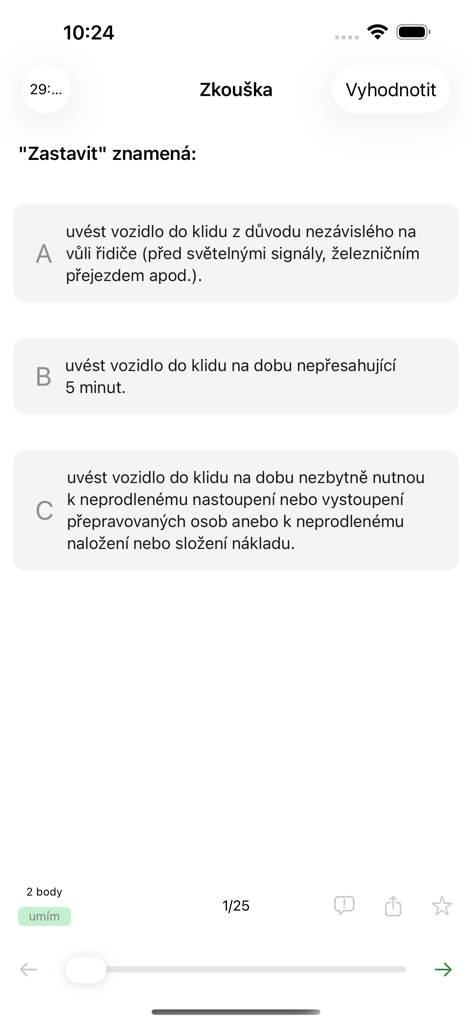 Mobile app screen showing a Czech driving school exam question about stopping rules with three answer choices