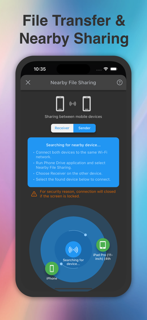 Phone Drive Pro: File Sync - Nearby file sharing interface in Phone Drive Pro app searching for local devices
