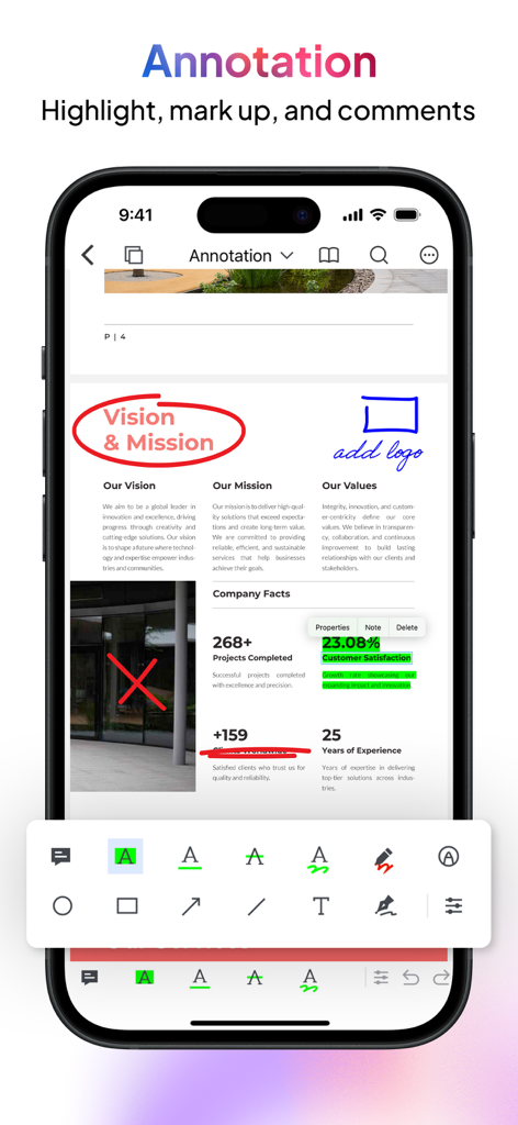 PDF Export - PDF Editor & Scan - iPhone screen showing the PDF Export app with annotation tools highlighting and marking up a business document.