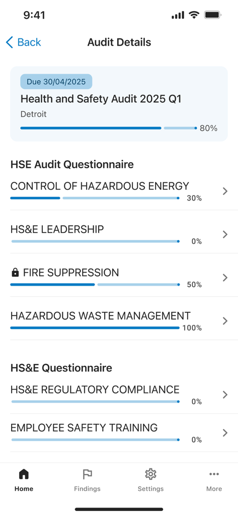 Enablon Audit - Interface do aplicativo móvel Auditoria Enablon exibindo detalhes da auditoria para uma avaliação de saúde e segurança, incluindo barras de progresso para várias categorias de questionário, como supressão de incêndio e gerenciamento de resíduos perigosos.