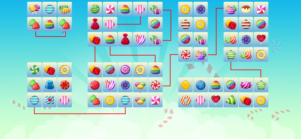 Una captura de pantalla del juego de puzles Connect 2 Candy que muestra fichas de caramelos iguales conectadas por líneas rojas