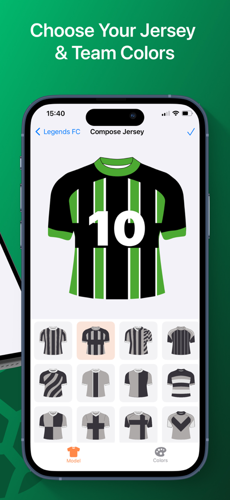 Una pantalla de editor de camisetas de fútbol que muestra varios patrones de equipaciones y opciones de color