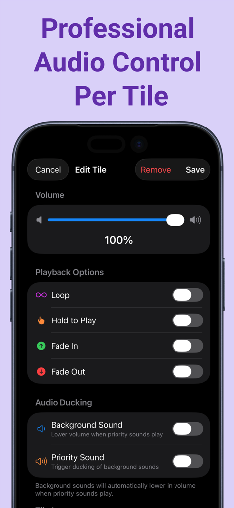 Sound Board Pad - A mobile interface for the Sound Board Pad app displaying professional audio control settings including volume, loop, and audio ducking options