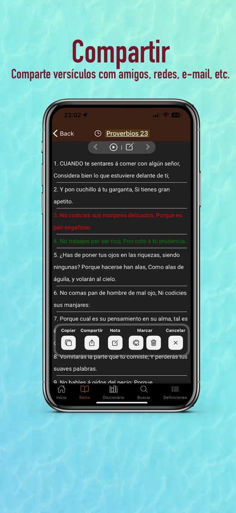 Biblia Reina Valera 1909 - Options de partage et de surlignage des versets bibliques dans l'application Biblia Reina Valera 1909