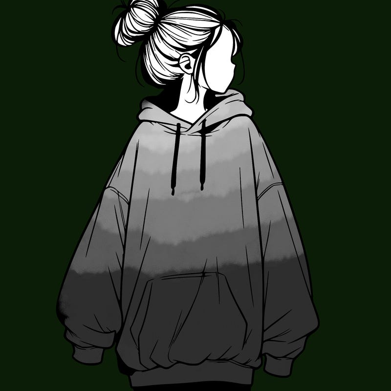 realistic girl with a oversized sweatshirt on and a bun